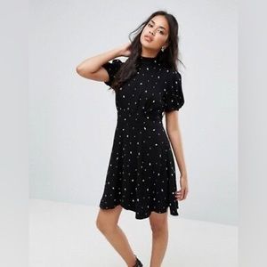 Free People Abbie black printed mock-neck short sleeve mini dress